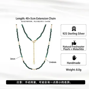 Handmade necklace with green malachite beads and freshwater pearls in 925 silver