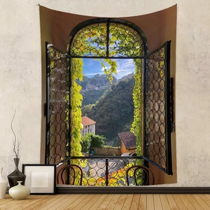 Detail showing 3D window landscape tapestry with European architecture and lush green plants