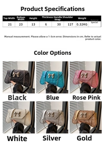 Size chart and dimensions for sequin bow crossbody bag with six color options