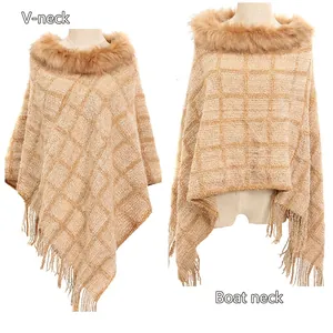 Plaid chenille knit poncho with faux fur collar and tassels in V-neck and boat neck styles