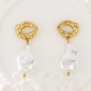 French style baroque pearl drop earrings with irregular hammered gold metal details