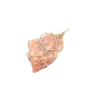 Handmade wire wrapped raw crystal necklace pendant in orange pink natural stone