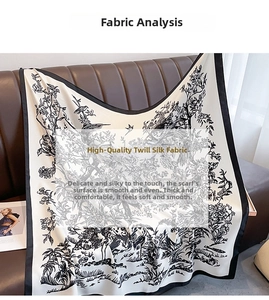Dettaglio di un elegante foulard in twill di seta bianco e nero con motivi di uccelli e bosco