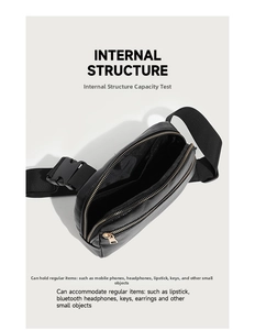 Internal structure of black pebble leather waist bag showing storage capacity and zipper