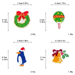 Size and weight specifications for Christmas embroidery patches including wreath and penguin