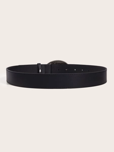 Punk style black leather belt with vintage floral engraved silver buckle on white background