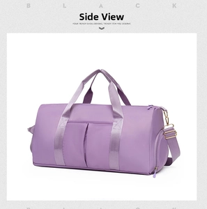 Side view of purple waterproof gym bag showing functional side zipper compartment