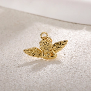 Minimalist gold plated copper cupid angel pendant charm with wings and polished finish