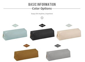 Detail view of rectangular PU leather makeup pouches in light blue, black, white, brown, and grey