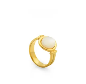 Detailed macro view of white mother-of-pearl gemstone set on golden double-rail ring band