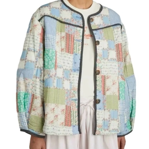 Colorful patchwork quilted cotton jacket with round neck and button-up front closure