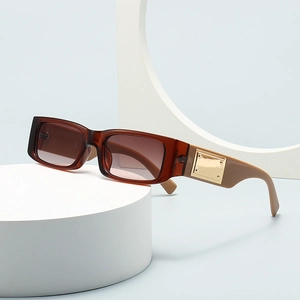 Modern narrow rectangular sunglasses with dark tea frame and gold metal accents