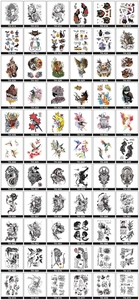 Detailed grid of colorful and black waterproof tattoo stickers with diverse patterns