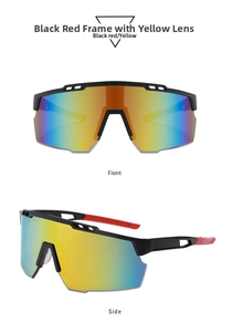Front and side views of black and red cycling sunglasses with yellow coated lenses