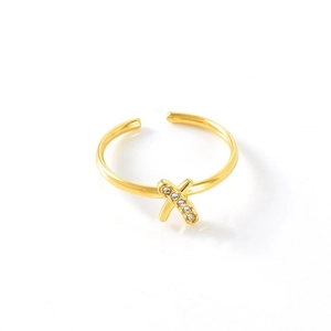 18k gold plated stainless steel X-shaped adjustable ring with sparkling white cubic zirconia