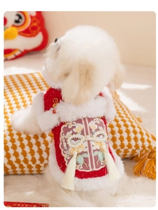 Dettaglio del gilet Tang per cani con ricami floreali, bottoni di perle e nappe festive