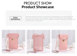 Detail view of pink crossbody phone bag with gold clasp and transparent touch screen window