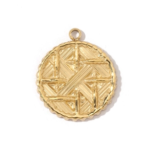 Detailed view of a round gold stainless steel pendant with embossed woven texture