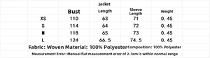 Detailed size chart for short trench coat showing measurements for XS to L sizes