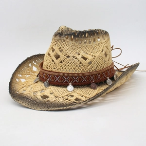 Hand-woven hollow straw cowboy hat with ethnic coin band for beach sun protection