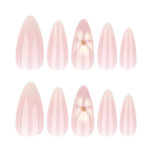 Light pink almond press-on nails with white flower designs and golden beads, 10-piece set
