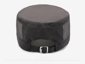 Rear view of black mesh cadet cap showing breathable fabric and adjustable metal buckle