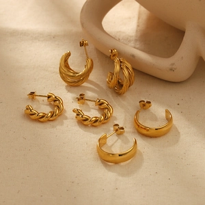 Chunky C-Shape Hoop Earrings Titanium Steel 18K Gold Plated Twisted Rope Braided Geometric Fashion Jewelry For Women
