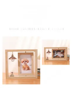 Close-up of wooden rotating 6-inch picture frame with a mini dried flower dome detail