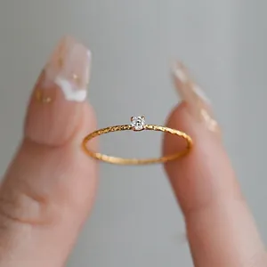 Minimalist Thin Ring Titanium Steel Eighteen Karat Gold Plated Round Zircon Textured Band Jewelry For Women Elegant