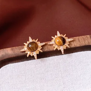 18K gold-plated tiger eye stone starburst stud earrings with sparkling cubic zirconia