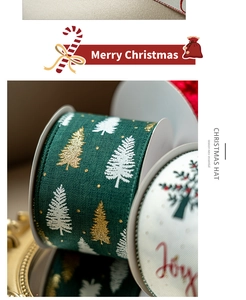 Close-up of dark green Christmas ribbon with golden trees and texture detail