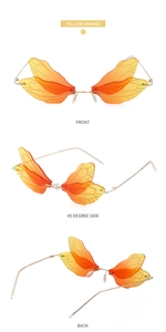 Three views of yellow orange dragonfly wing sunglasses with thin metal temples