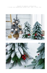 Close-up of mini snow-covered Christmas trees with red berries and pine cones for decor