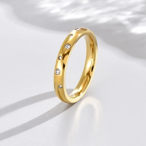 Fashion Gold Stainless Steel Ring Women Micro Paved Cubic Zirconia Minimalist Band Commute Jewelry Non Tarnish