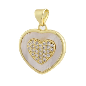 Macro detail of heart pendant with mother of pearl and shimmering cubic zirconia inlay
