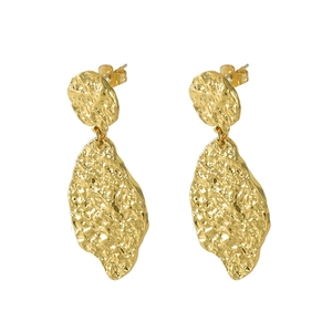 Irregular textured gold plated titanium steel leaf earrings with vintage hammered finish