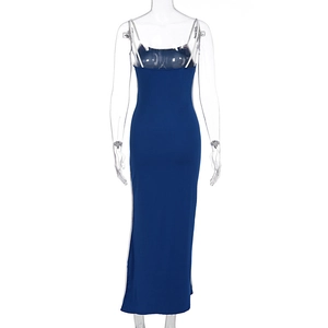 Detailed back view of a blue bodycon maxi dress featuring thin straps and knit texture