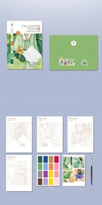 Macro view of watercolor DIY kit with line art cards, paint palette, brush and green envelope