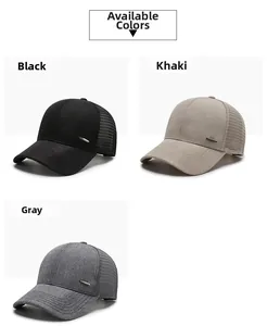 Detailed view of breathable mesh back trucker hats in black, khaki, and grey colors