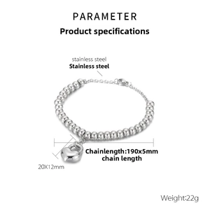 Detailed view of silver stainless steel bead bracelet with polished heart pendant dimensions