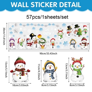 Detail layout of 57 Christmas snowman window stickers with various sizes and blue snowflakes
