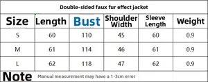 Tableau des tailles détaillé pour la veste en fausse fourrure avec mesures d'épaules