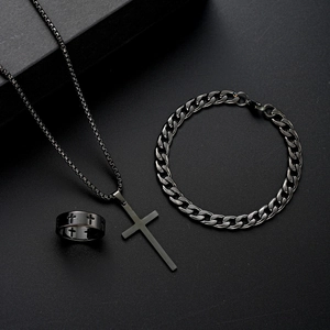Men Stainless Steel Cross Pendant Necklace Cuban Chain Bracelet And Ring Cool Hip Hop Punk Style For Boys