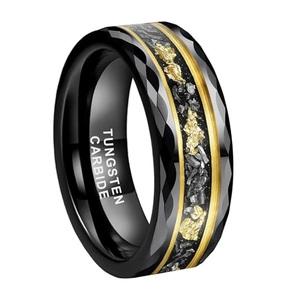 Faceted black tungsten carbide ring for men with gold foil inlay and polished edges