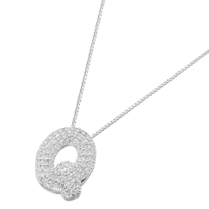 Detail of silver letter Q pendant with micro-pave cubic zirconia on a box chain