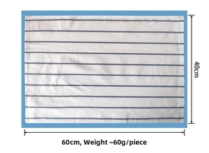 Detailed view of white cotton waffle towel with blue stripes measuring 60x40cm and 60g
