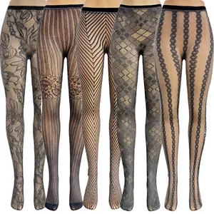 Women Hollow Out Fishnet Pantyhose Nylon Argyle Flower Patterned Mesh Tights Y2K Vintage Style Grey Breathable Slimming