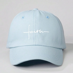 Sky blue baseball cap with white faith cursive embroidery and adjustable curved brim