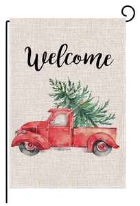 Double-sided Christmas garden flag with watercolor red truck and tree, Welcome sign