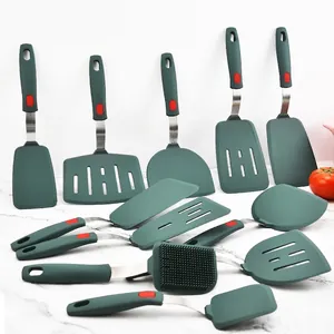 Silicone Spatula Kitchen Utensils Dark Green Heat Resistant Non Stick Cooking Tool With Stainless Steel Handle For Frying Pancake Steak